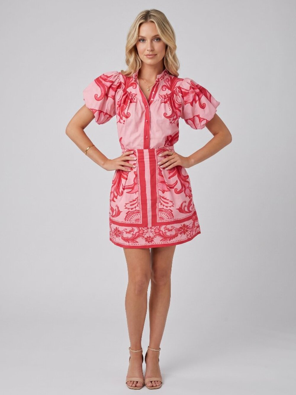 Women's Hot Pink Linen Shirt & Skirt Set Puff Sleeve Boho Summer Two Piece